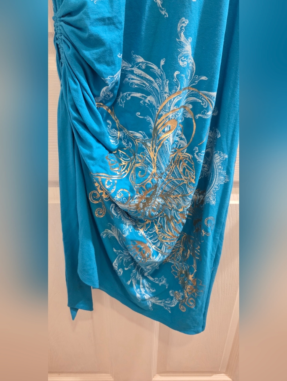 Cache Teal V-Neck Midi Dress with Gold Floral Print - Picture 3 of 6